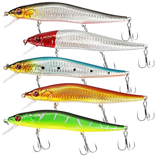 yidenguk 5 Piezas de señuelos de Pesca Conjunto, Pesca de señuelos de Pesca Duro señuelos de Superficie señuelo de Pesca con Lentejuela 3 triples Minnow atrae salmón, Trucha de mar, bajo, caballa
