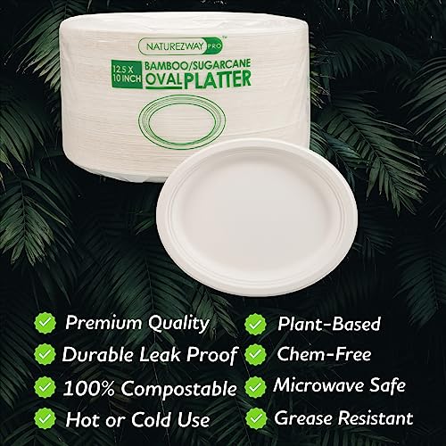 12.5" x 10" Disposable Platters (500 PACK) - Premium Bamboo & Sugarcane Tableware - Restaurant Grade Quality - Eco-Friendly, Compostable, Tree Free Serving Solution - Image 3