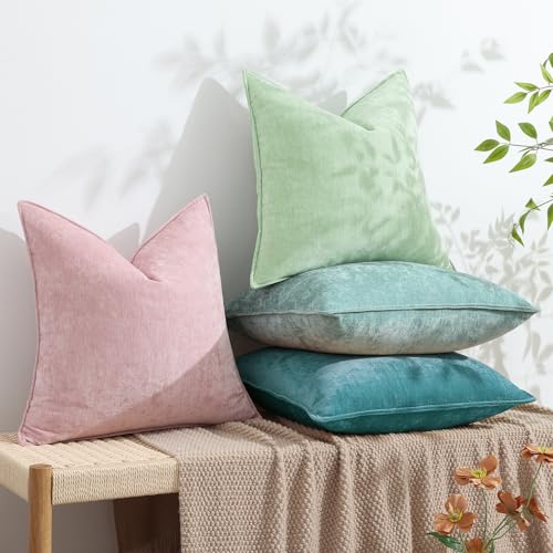 decorUhome Couch Throw Pillow Covers 18x18 Set of 2, Decorative Soft Euro Neutral Chenille Pillow Covers with Elegant Design for Sofa Bed Living Room Home Decor, Teal