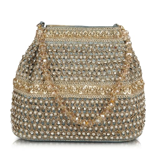 Image of Nevis Silk Fabric Premium Pearl & Crystal Embroidered Potli Bag for Women | Ethnic Bridal Clutch with Golden Handle | Party & Wedding | Potli Bag