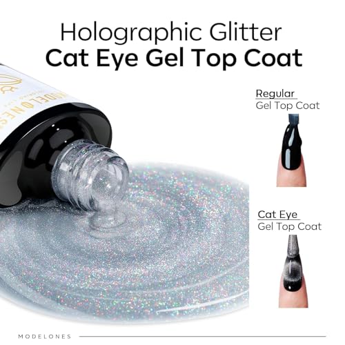 Image of modelones Rainbow Cat Eye Gel Nail Polish Top Coat, 2-in-one 9D Glitter Clear Gel Polish with Magnet Stick Holographic Glossy Finish Long Lasting Soak Off Manicure Home Salon Nail Art 10 ML