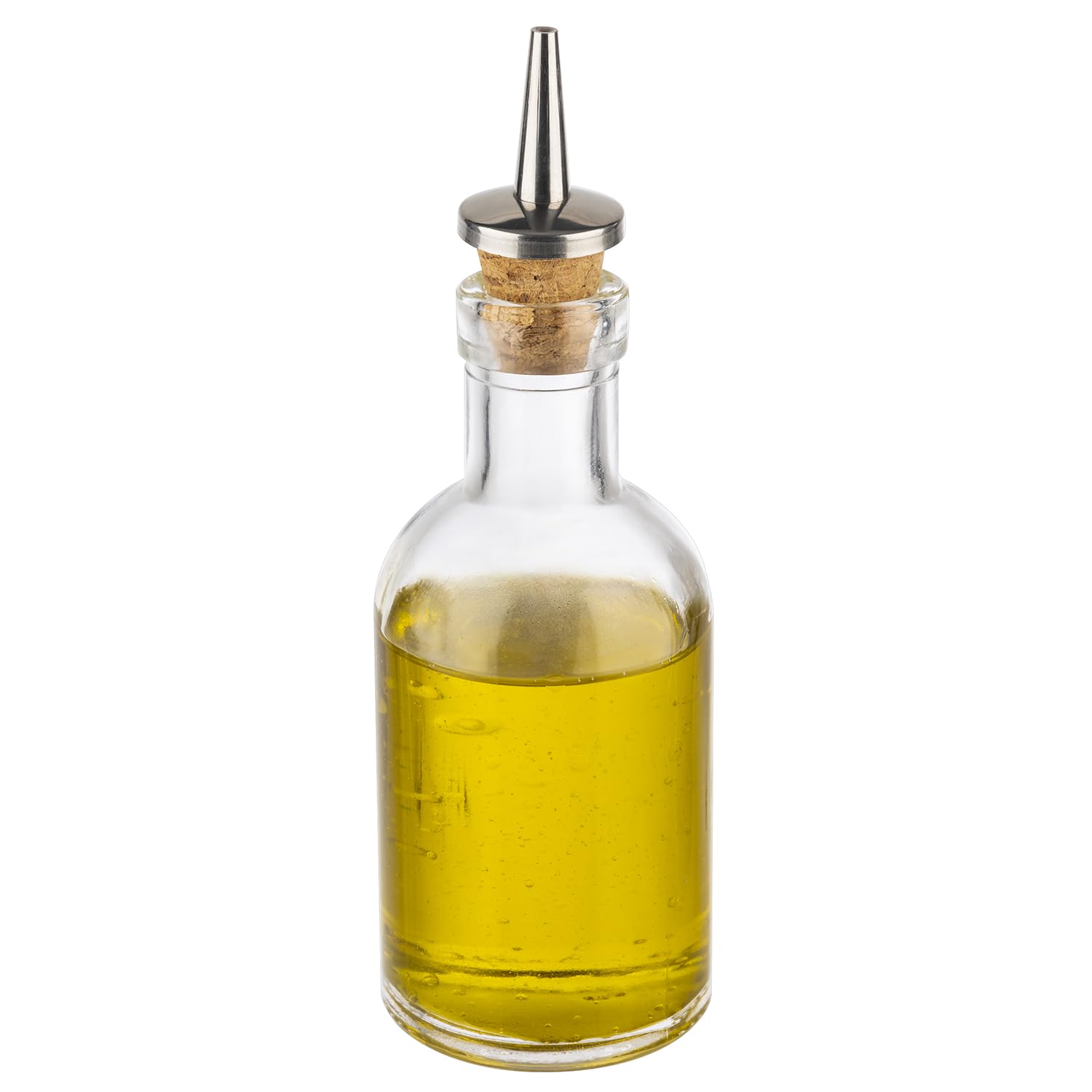 APS 40512 Botella de vinagre y aceite de 5 cm de diámetro, altura de 15,5 cm, 100 ml, recipiente de cristal, boquilla de corcho/acero inoxidable