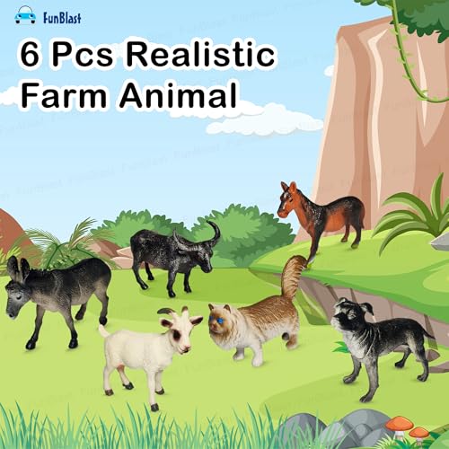 Image of FunBlast Mini Farm Animals Figure Toy Set - 6 Pcs Realistic Farm Animal Models Including Dog, Cat, Goat, Buffalo, Horse & Donkey, Educational Animal Toys for Kids, Pretend Play - Multicolor