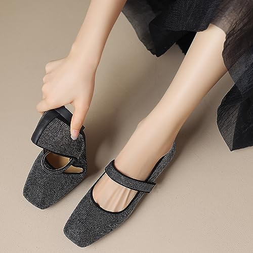 SHODENSE Women Vintage Rhinestone Flats Square Toe Mary Jane Flats Ankle Strap Glitter Ballet Flats Hook & Loop Flat Heel Dress Shoes Sparkly Ladies Girl Office Work Wedding Party Flat Shoes 4-11 M US4