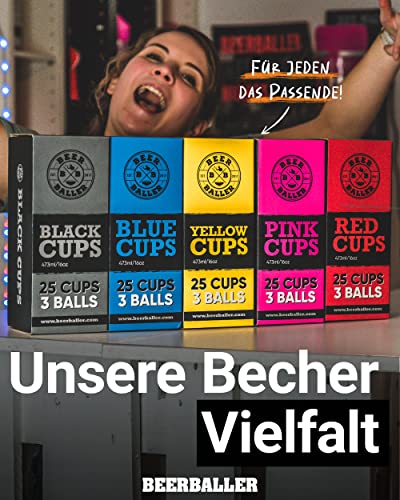 BeerBaller® Pink Cups - 25 pinke Beer Pong Becher & 3 Bier Pong Bälle | spülmaschinenfest & wiederverwendbar | 473ml - 16oz Partybecher | rosa Bierpong Becher Set | Original American Beerpongbecher