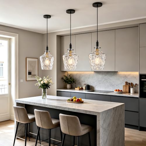 Image of Hammered Glass Pendant Light for Kitchen Island 2 Pack Black Gold 8 Inch | Adjustable cord Dimmable, E26 bulbs, Rust-resistant Damp Rated For Bathrooms, 5-Year Manufacturer Warranty, UL Certification