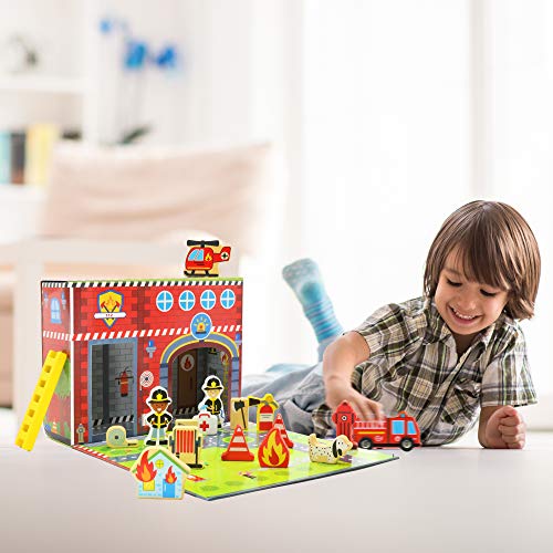 Pidoko Kids Fire Station Playset - 19 Pcs - Magnetic Portable Box - Easy Storage - Perfect Travel Toys Gift Set for Boys and Girls - 3 Year Old and Up - Wooden Accessories