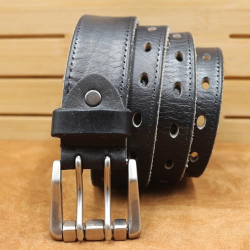 Men's Work Belt, Heavy Duty Full Grain Leather Vintage Distressed Double Prong Roller Buckle,2 Holes Waist Strap(130cm/51, Black)4