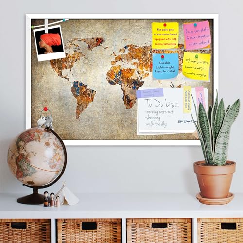 Image of ArtzFolio Photo of Grunge Map of The World Printed Bulletin Board Notice Pin Board Soft Board | White Frame 23.6 X 16Inch