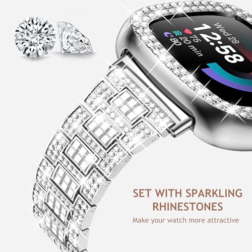Dsytom Bling Watch Band Compatible with Fitbit Versa 4 Bands/Fitbit Sense 2 Bands with Rhinestone Protective Case Cover for Women Girls(Silver)