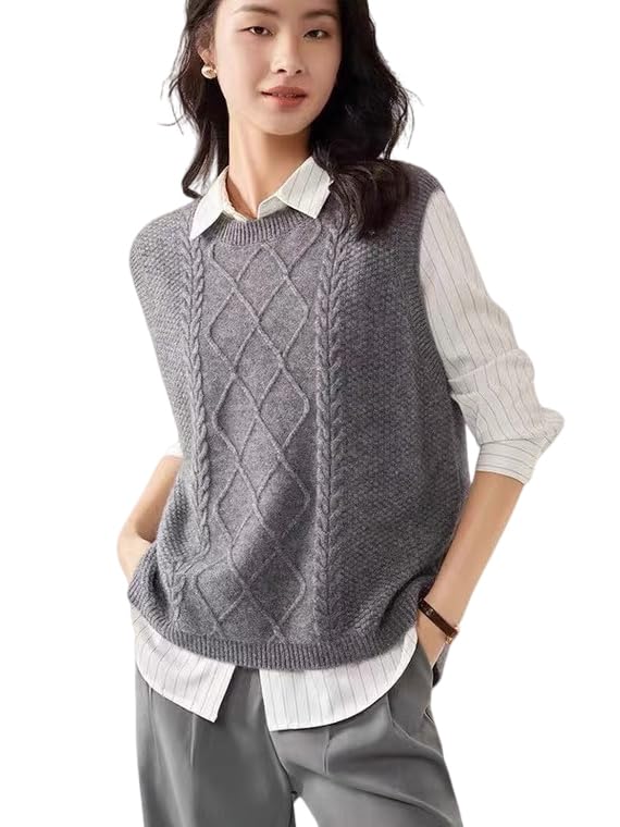 100% Merino Wool Sweaters Women's Female Fall Winter Knitted Pullover Crew Neck Waistcoat Sleeveless Vest(WQ7050)