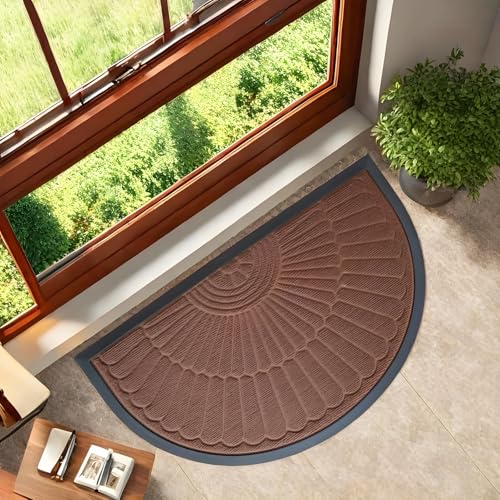 Image of Semi-Circle Durable Rubber Non Slip Front Door Mat for Outside Inside Entry Entryway | Dirt Trapper Welcome Mat for Muddy Paws and Shoes, Brown, 45x75 cm