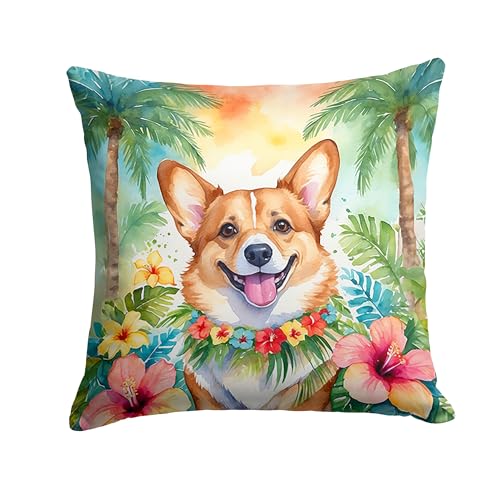 Caroline's Treasures Luau Party Decorative Throw Pillow, 14Hx14W, Corgi 6415