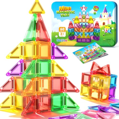 Soyee Mini Magnetic Tiles 60PCS Travel Set with Metal Tin Case, Portable STEM Building Blocks Kids Toy for 3 4 5 6 7 8 Year Old Boys & Girls, Educational Toddler Kids