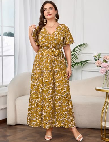 Image of ShopWonder Womens Plus Size V Neck Wrap Maxi Dress High Waist Ruffle Summer Casual Dress with Belt