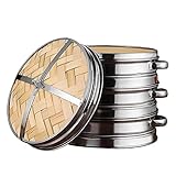 Dampfgarer Bambus, 3 Ebenen Bambus-Dampfgarerkorb mit Deckel Chinesischer Naturreis Kochen Herd, Dampfgarer für Reis/Dim Sum/Gemüse/Fleisch für Home Küche, Restaurant, etc,30cm