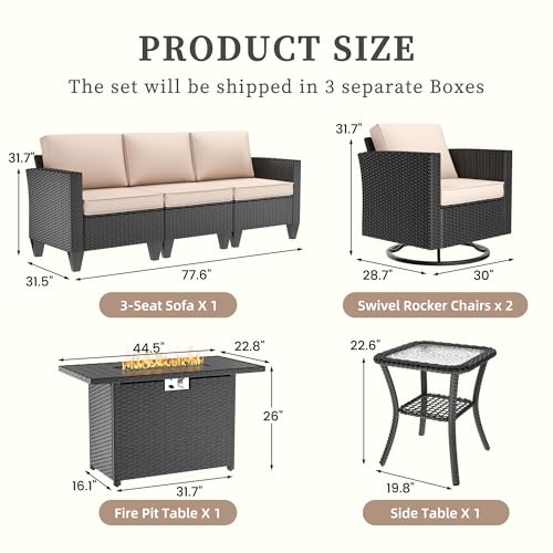 Image of UDPATIO Patio Furniture Set with Fire Pit Table, Rocking Swivel Chairs, 5 Pieces Outdoor Furniture Sets, All-Weather Wicker Outdoor Sectional Sofa with Waterproof Cover, 4'' Thickened Cushion, Khak