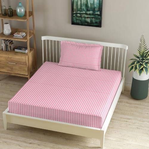 Image of MORADO Premium Glace Cotton 210 TC Single Bedsheet with 1 King Size Pillow Covers Skin Friendly Printed Bedding Set, (60x90 Inches, White&Pink)