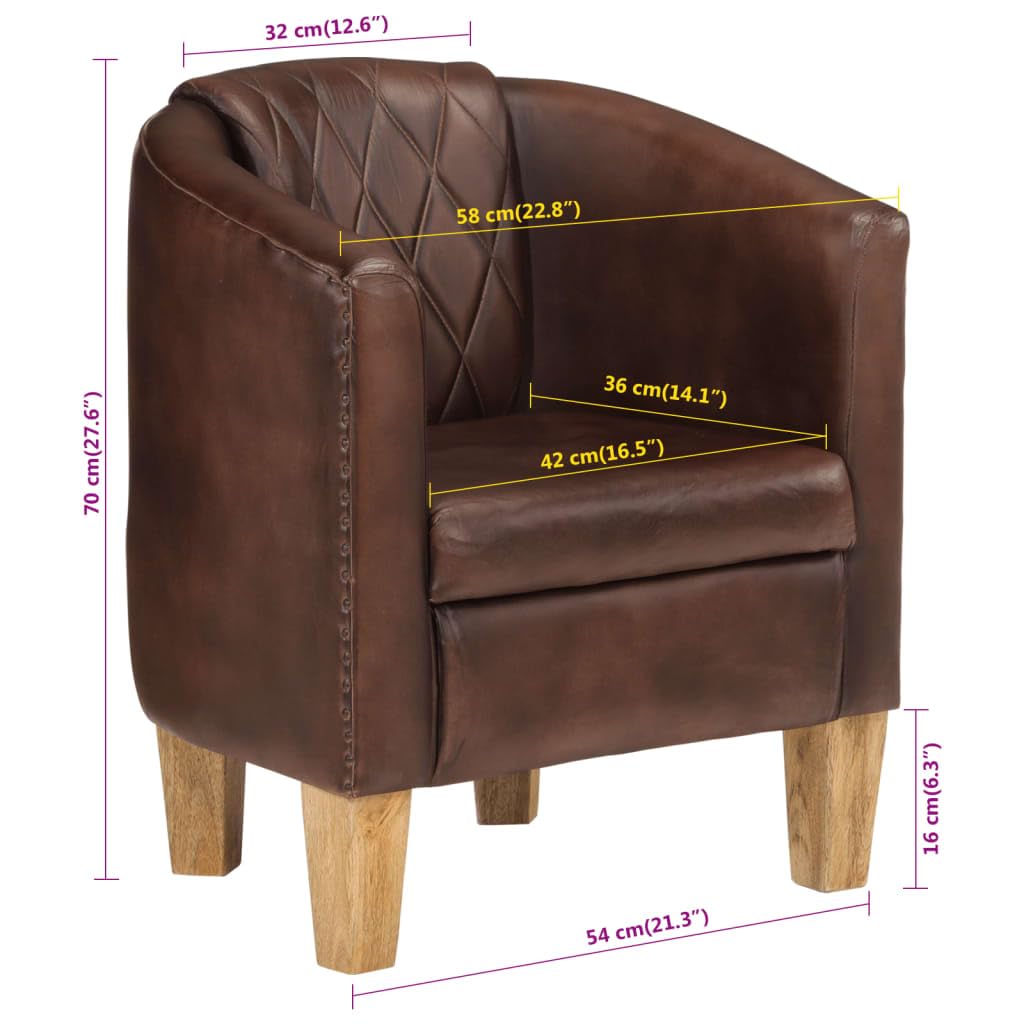 vidaXL Fauteuil Cabriolet, Chaise de Relaxation, Siège avec Accoudoirs Rembourrés, Canapé de Salon Salle de Séjour, Cuir Véritable Marron Foncé