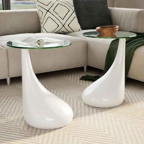 Teenpull Lot de 2 tables basses avec plateau en verre rond, fibre de verre blanc brillant, 42 cm de diamètre, table d'appoint moderne pour salon, design...