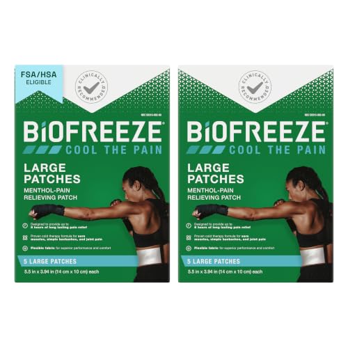 Biofreeze Patches Menthol Pain Relieving Patches (5/Box, Pack of 2) Up to 8 Hours of Pain Relief from Sore Muscles, Arthritis, Backaches, Sprains, Bruises, Strains and Joint Pain (Package May Vary)
