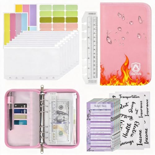 Fireproof & Waterproof Budget Binder, A6 Money Saving Book with 8pcs Cash Envelopes, 12 Expense Sheets, Stickers & Card Pockets | Complete Set for Cash Envelope System & Money Management-Pink