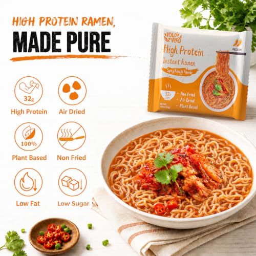 Image of VOLO VERO High Protein (32g) Instant Ramen Noodles Soup, Spicy Kimchi Flavor, 8 Packs, Vegan, Plant-Based, Non-Fried, Low Fat, Egg-Free, Dairy-Free, Healthy Asian Meal
