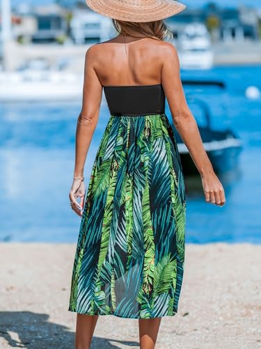 Image of CUPSHE Women Tube Floral Midi Summer Dress Straight Neck Split Hem Tropical Casual Sundress Holiday Vacation Beach Dress