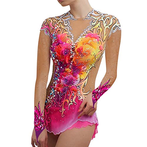 XZFJFRID Women Rhythmic Gymnastics Leotards Printed Figure Skating Dance Unitards Girls Gymnastics Competition Activewear,Long Sleeved,M