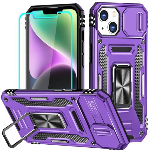 Aozuoton Capa para iPhone 14 Plus com protetor de tela e com capa para câmera, suporte rotativo de grau militar de 360° (resistente), proteção à prova de choque, capa para iPhone 14 Plus roxa