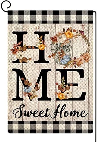 ORTIGIA Home Sweet Home Fall Pumpkin Wreath Small Garden Flag Burlap Vertical Double Sided Autumn Thanksgiving Farmhouse Rustic Buffalo Check Plaid Maple Leaf Home Decor for Yard Lawn Patio Outdoor