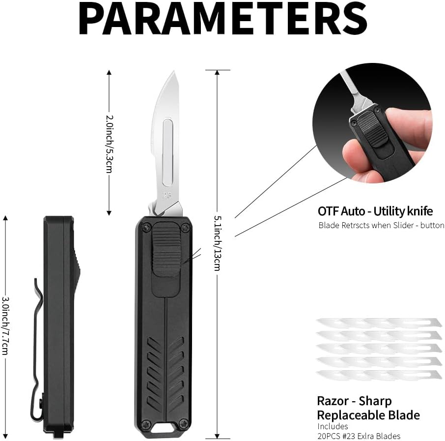 cckk Retractable Utility Knife, Aluminium Alloy Pocket Knife with Clip, Black Pocket Knife, Push Button EDC Razor Knife with 20PCS #23 Blades