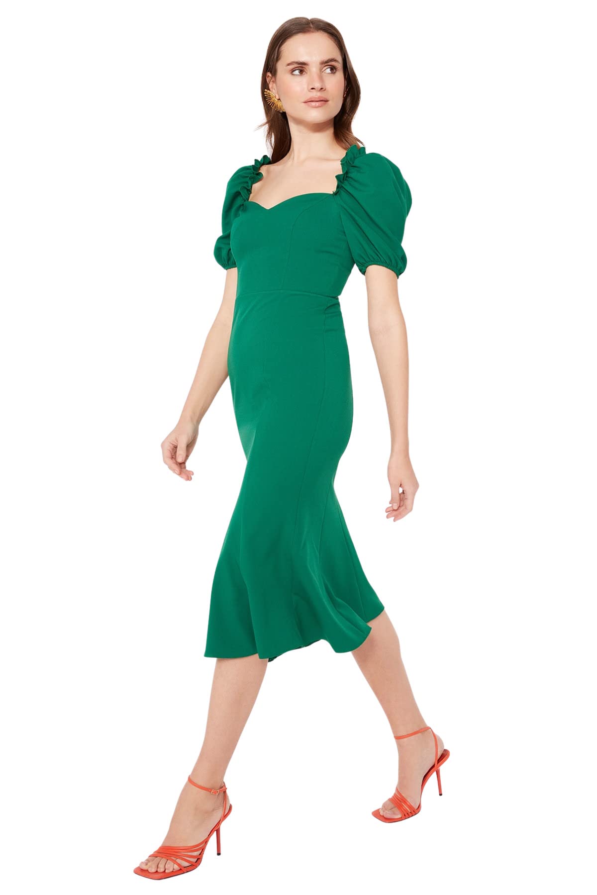Trendyol Damen Women Fitted Woven Dress Party Midi Basic Tailliertes Webkleid, Smaragd, 36