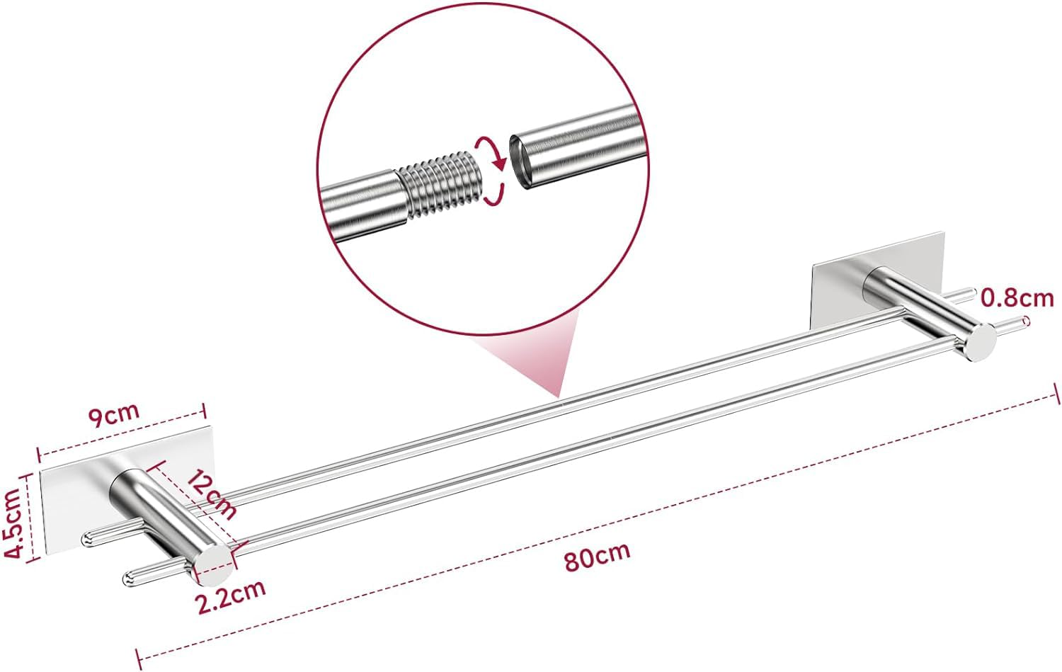 Portasciugamani Adesivo Acciaio Inox 80cm - Senza Foratura, Portata 6kg | Per Bagno E Cucina, Fai Da Te