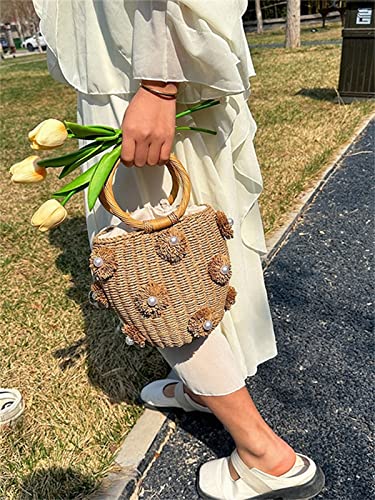 Image of Summer Straw Bag for Women Pearl Flower Bucket Tote Bag Diamond Handbag Hand Woven Rattan Shell Purse Drawstring