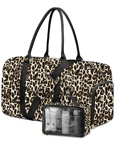 Image of Women Weekender Travel Duffle Bag: Travel Duffel Overnight Bags with Shoe Compartment Large Carry on Tote with Toiletry Bag Weekend Traveling Yoga Gym Hospital Bag for Women with Wet Pocket Cheetah