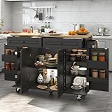 Squireewo 55' Kitchen Cart with Wood Top and Drop Leaf Breakfast Bar, Rolling Mobile Kitchen Island Table on Wheels with Drawer and Storage Cabinet, Spice Rack, Towel Rack, Black