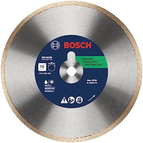 BOSCH DB1043S 10 In. Standard Continuous Rim Diamond Blade with 5/8 In. Arbor for Clean Cut Wet/Dry Cutting Applications in Ceramic Tile, Slate