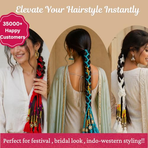 Image of Zippy Flora Handmade Boho Parandi / Paranda Traditional Hair Accessory for Women & Girls | Ethnic Braided Hair Tassels, Choti Hair Extension, Decorative Braid Jewelry for Festive & Wedding Hairstyles (Neelima Aqua Blue)