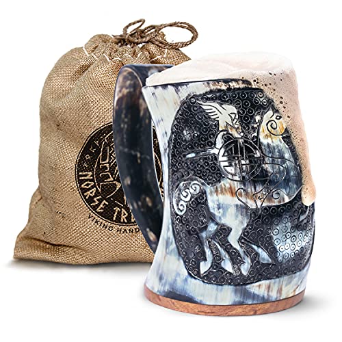 Norse Tradesman Limited Edition Viking Drinking Horn Mug - Exquisite Odin and Gungnir Engraved Beer Tankard - The Odin, Polished, Approx. 1 Pint