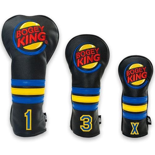 Golf Gods Bogey King Head Cover Set | 3-Piece Driver, 3 Wood & Hybrid Covers | Premium Embroidered Leather Golf Club Cover Combo for Men