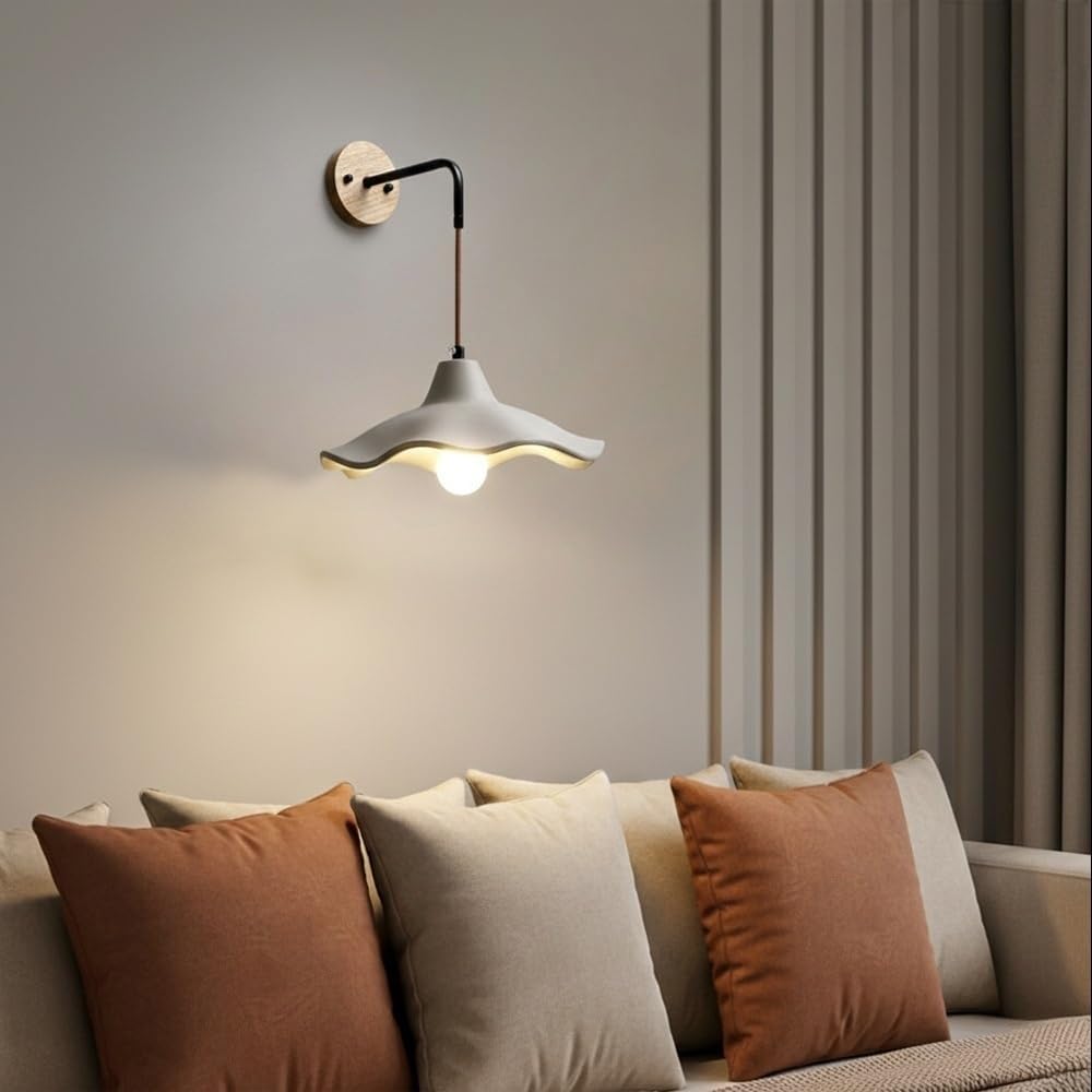 Nordic Japandi Industrial Cement Wall Sconce,E27 Adjustable Hanging Wall Light, Grey Wavy Scalloped Wall Lighting,Rustic Industrial Bedside Lamp for Bedroom Living Room Hallway Parlor