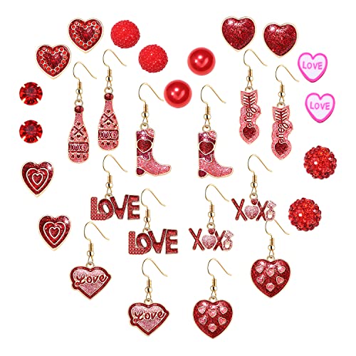 15 Pairs Valentines Day Earrings Set Red Heart Dangle Earrings Glitter Pink Xo Xo Love Cupid Arrow Boot Wine Glass Hook Earrings Rhinestone Crystal Beads Stud Earrings For Women Girls Valentines Day Jewelry Gift (15 Pairs Valentines Day Earrings) #TOP1
