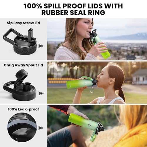 Image of RAYMYLO Insulated Water Bottle 24 oz, Triple Wall Vacuum Stainless Steel (Cold for 24Hrs, Hot for 12Hrs), Leak Proof & Non-BPA, Modern Water Flask Jug with Paracord Handle & Straw Spout Lids