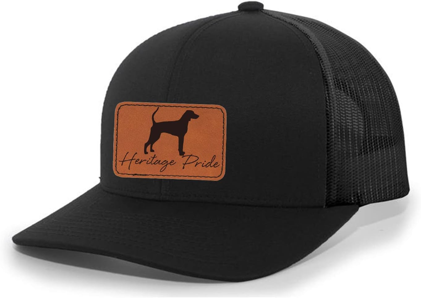 Heritage Pride Canine Collection English Foxhound Hunting Dog Mens Engraved Leather Patch Mesh Back Trucker Hat