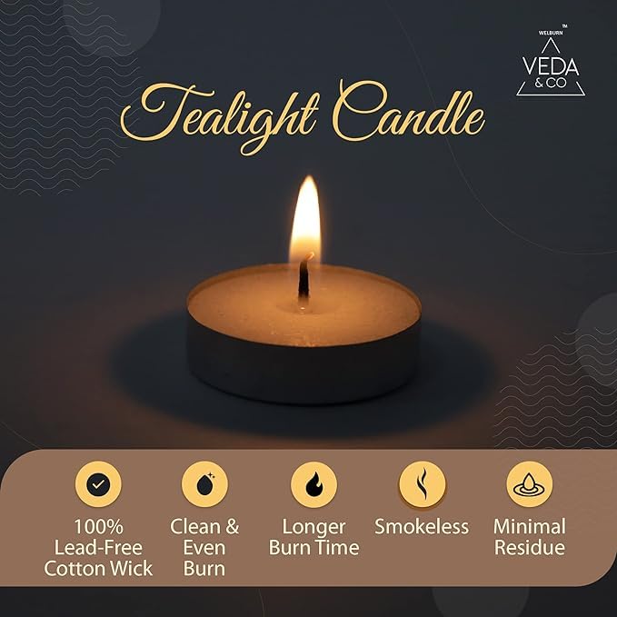 Welburn Veda&Co® Wax Unscented Tealight Candles Pack of 75 for Diwali Decoration | Burn Upto 4 Hour | Paraffin Free & Smokeless | Candles for Home Decor, Office & Special Occasions 1