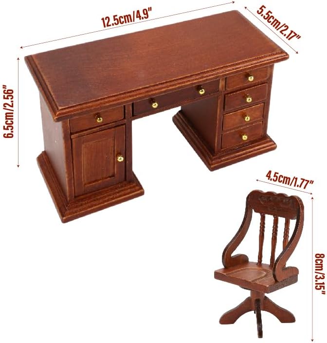 Miniatura 2 de Miniature Dollhouse Office Desk Chair 112 Scale Miniature Wooden Writing Table Desk & Chair Furniture Accessories Mini Doll Retro Set