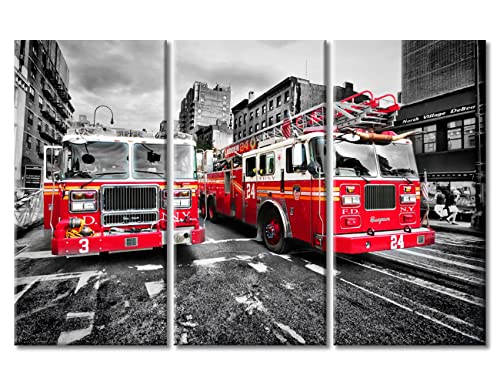 Camion de pompiers impression giclée en 3 panneaux décor mural moderne