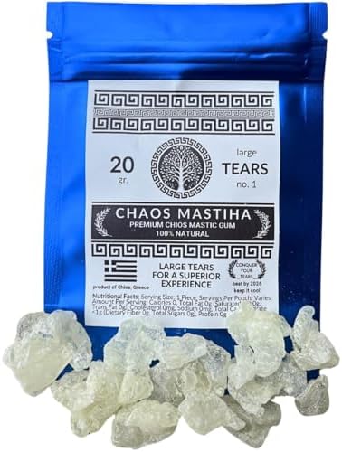 ピュア キオス マスティハ マスティハ ガム 20g – Chaos Mastiha 大きなギリシャ樹脂の涙 顎の強さと噛み用 – 天然、無糖、カロリーフリー、顎のエクササイザーとガムの長持ちする代替品