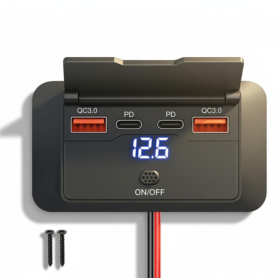 Novpow 4 Port USB Car Charger Socket 12V/24V, 96W Fast Charge, Dual USB-C PD 36W & QC3.0, Waterproof Car USB Outlet with Switch & Voltmeter for Car RV Boat Truck Camper Van